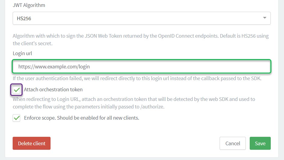 login url orchestration token enable