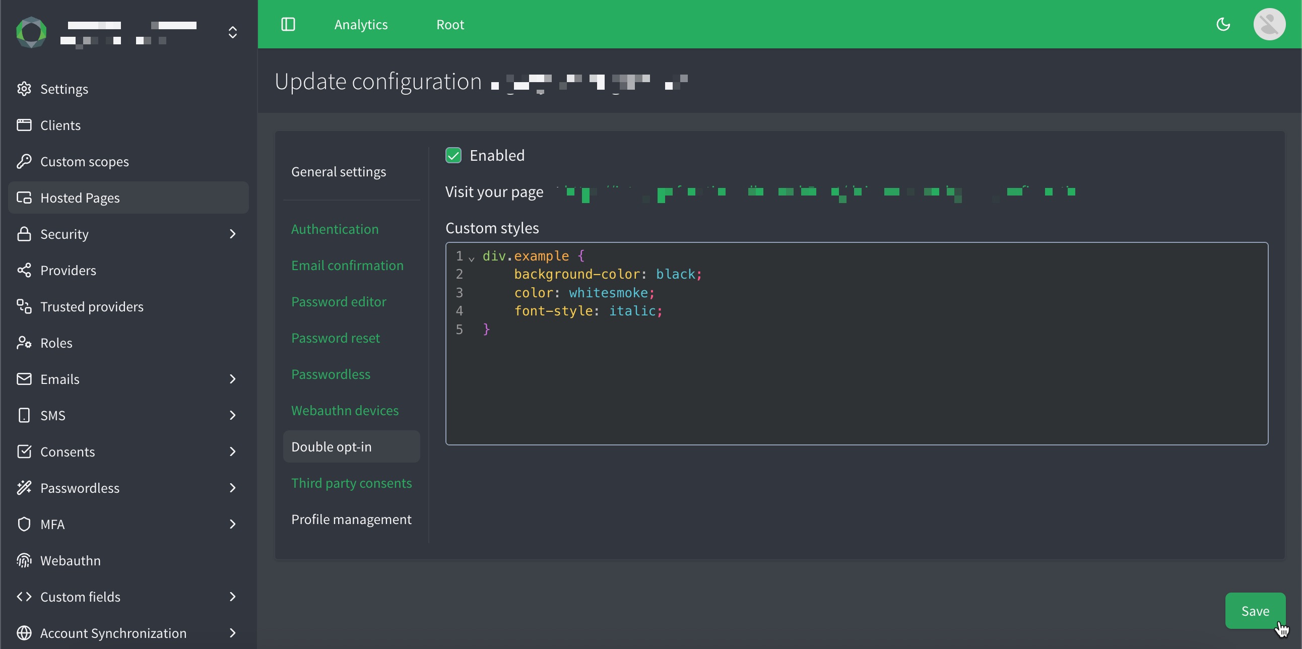 hosted pages custom css