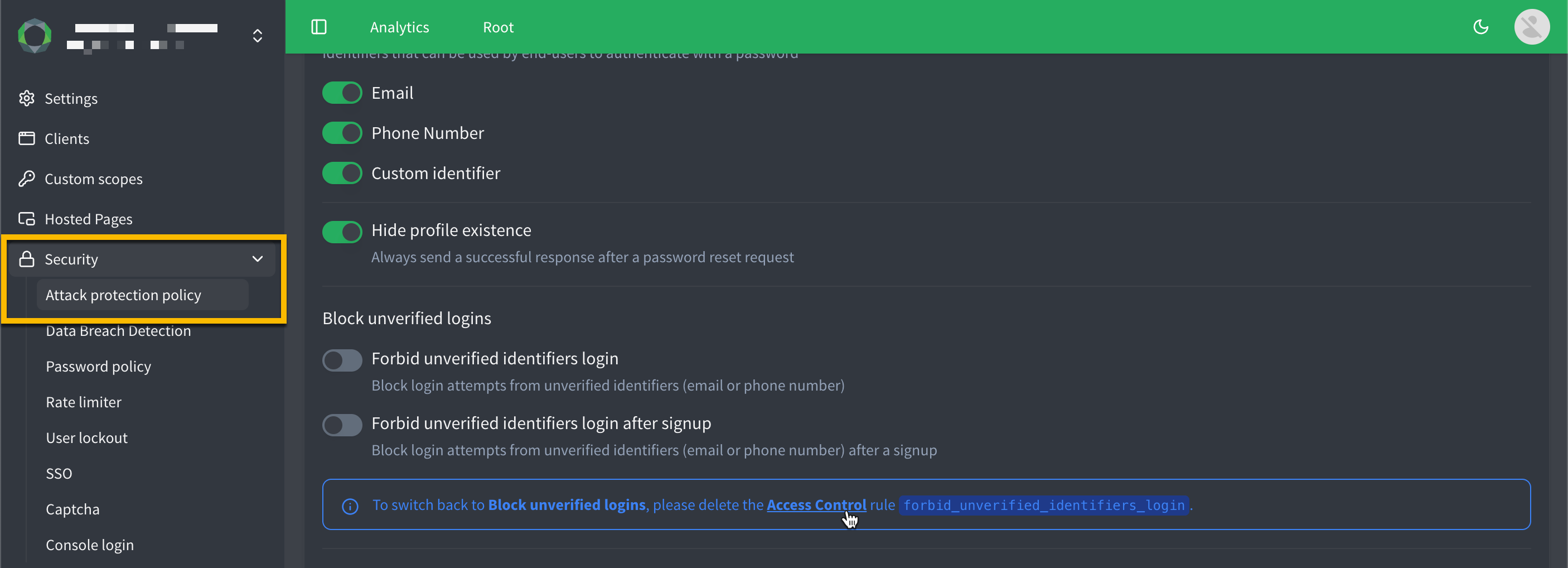Screenshot of the downgrade option in the console.