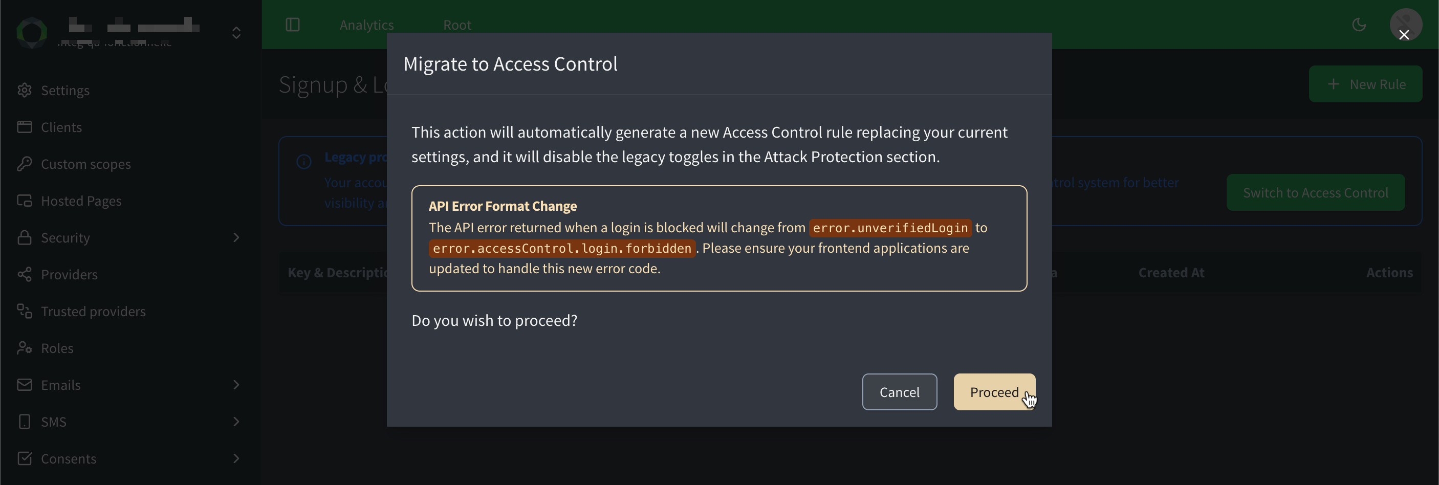 Screenshot of the migration dialog in the console.