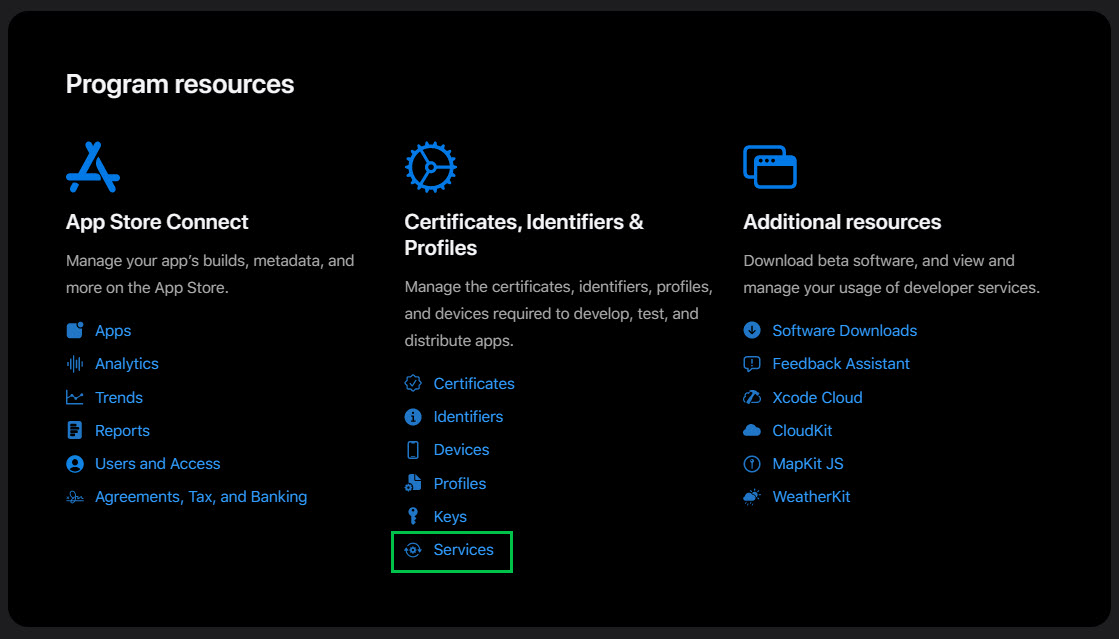 certificatesIdentifiersProfiles services